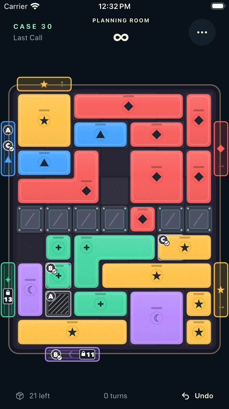 The 7-column, 9-row final gallery case, with hatched A/B/C plate circles and matching exit badges.