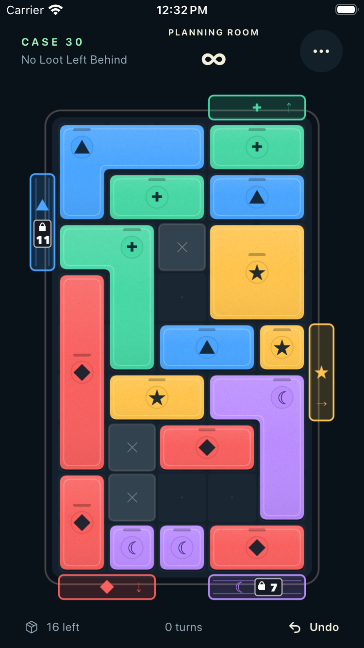 A tightly packed 5-column, 9-row vault with L-shaped pieces, long bars, fixed obstacles, and turn locks.