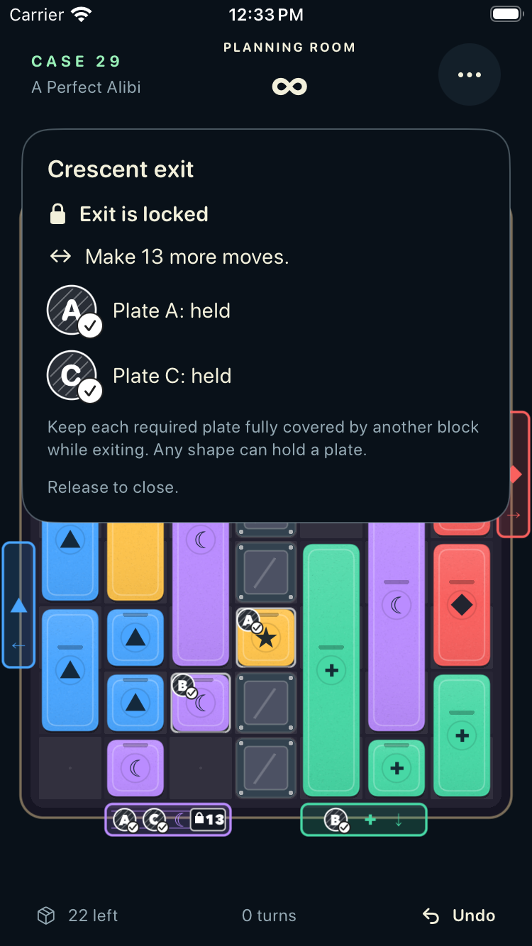 The Crescent exit explanation separates 13 remaining moves from held pressure plates A and C.