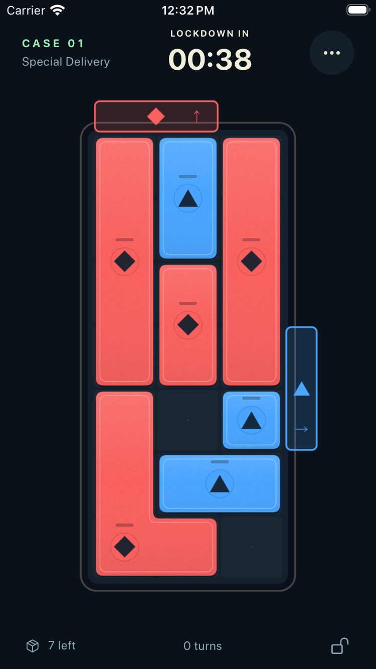 The first Base Campaign case during timed gameplay, with shape-matched exits.