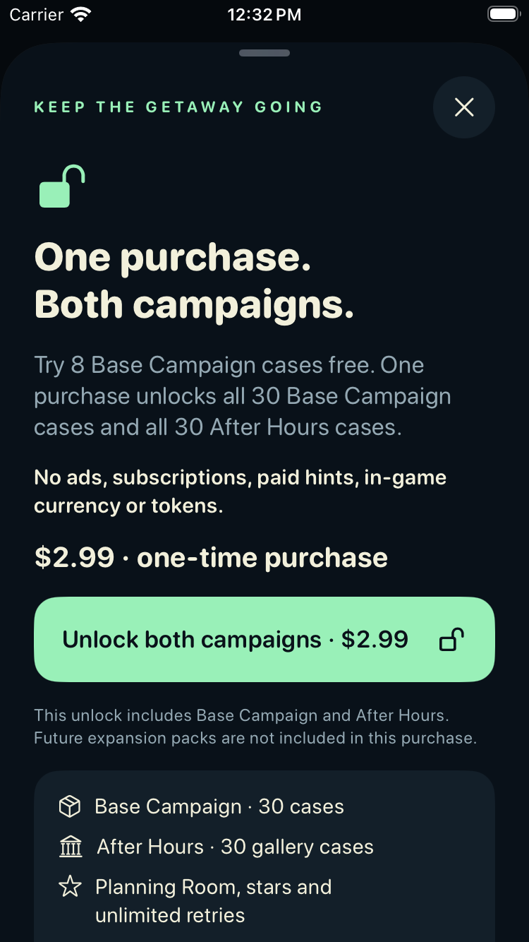 The full-game unlock showing the localized $2.99 US test price, included campaigns, and Restore purchases.