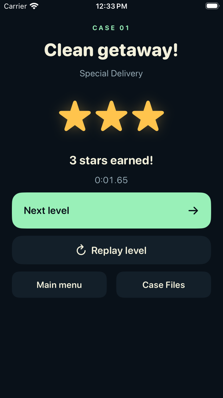 The three-star level result with Replay level, Next level, and Main menu actions.