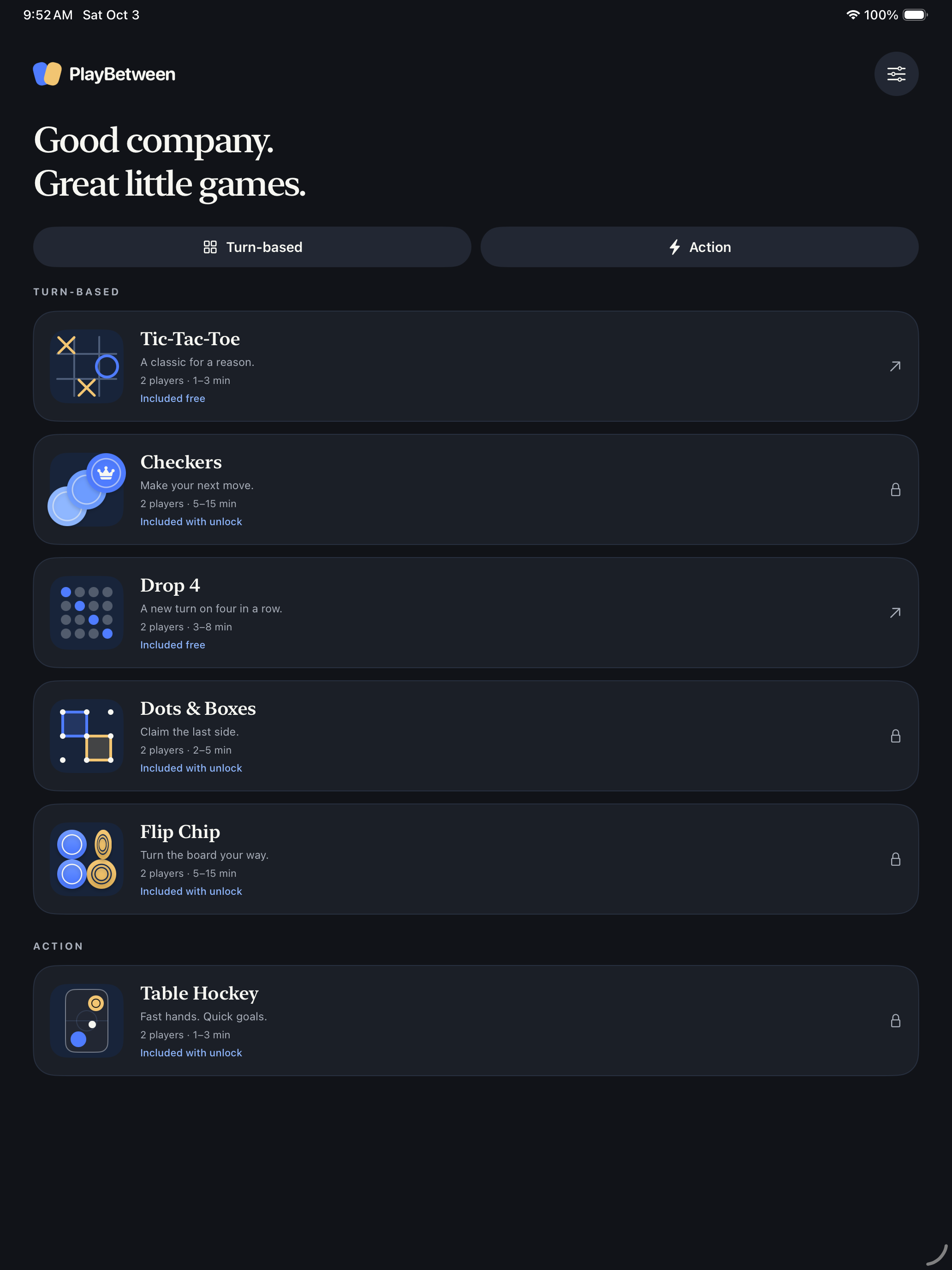 Game library in PlayBetween on iPad, in portrait orientation.