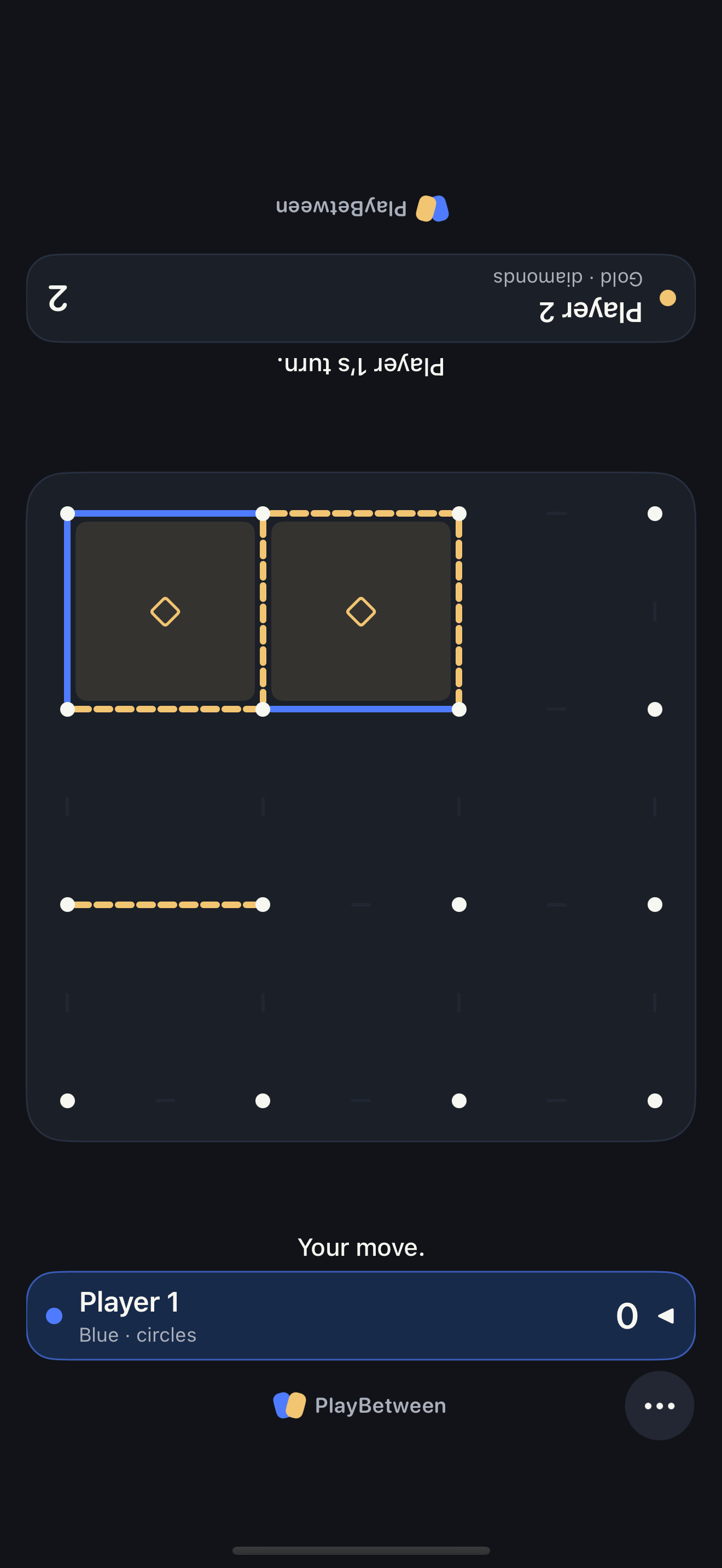 Dots & Boxes in PlayBetween on a shared screen, in portrait orientation.