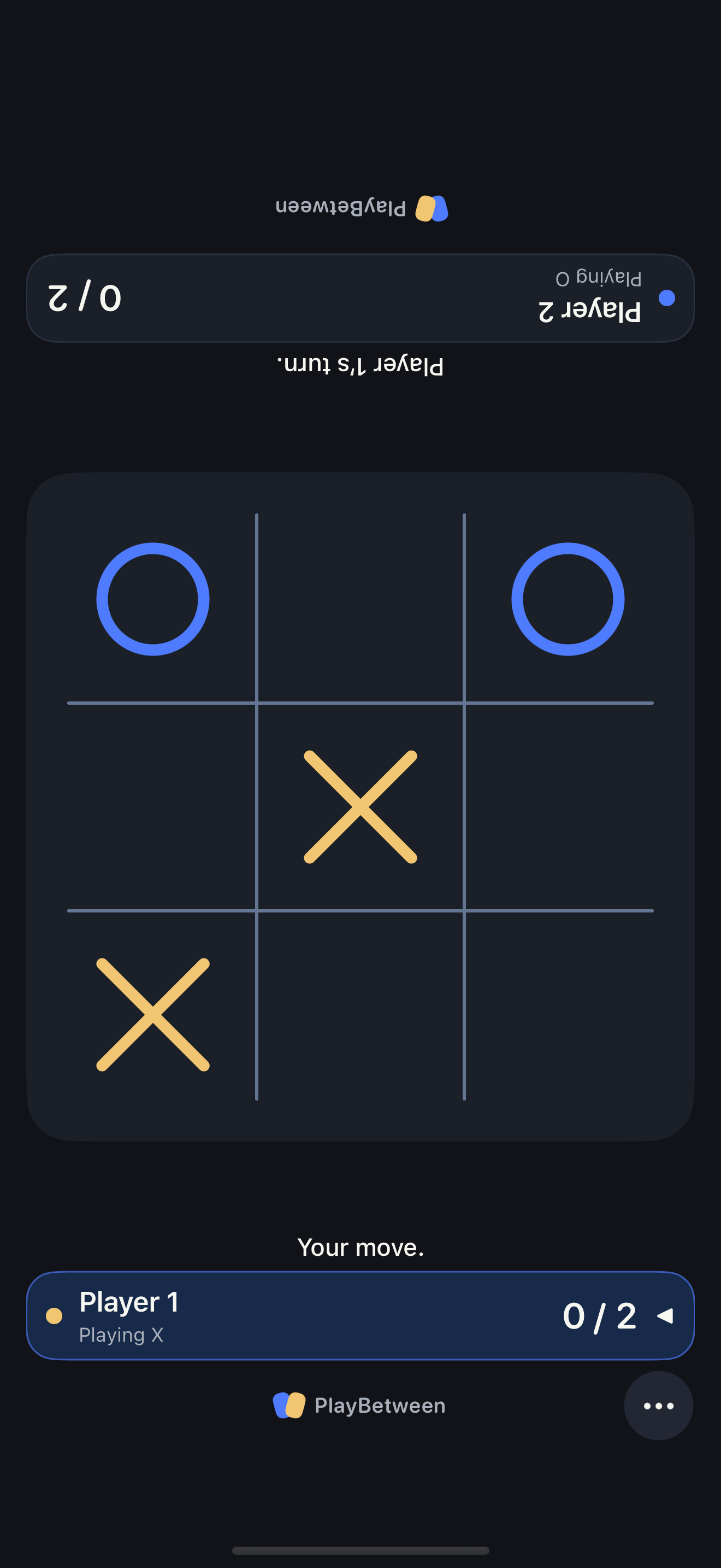 Tic-Tac-Toe in PlayBetween on a shared screen, in portrait orientation.